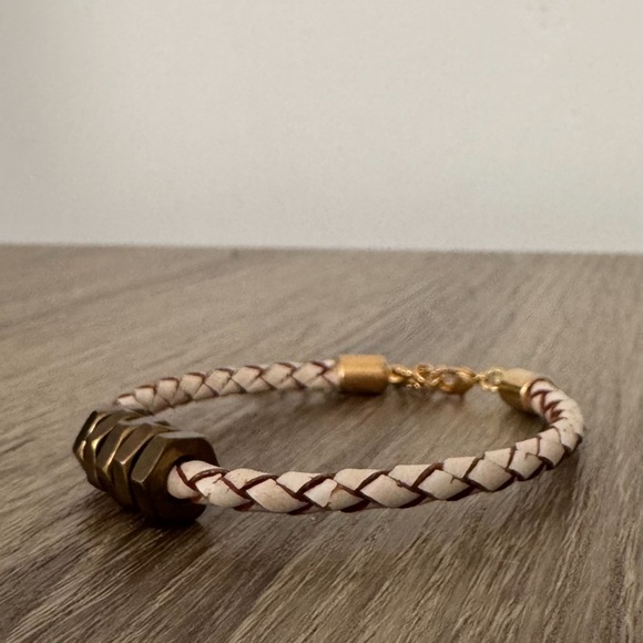 Half United Brass Honeycomb & White Worn Braided Leather Adjustable bracelet GUC - Picture 9 of 10